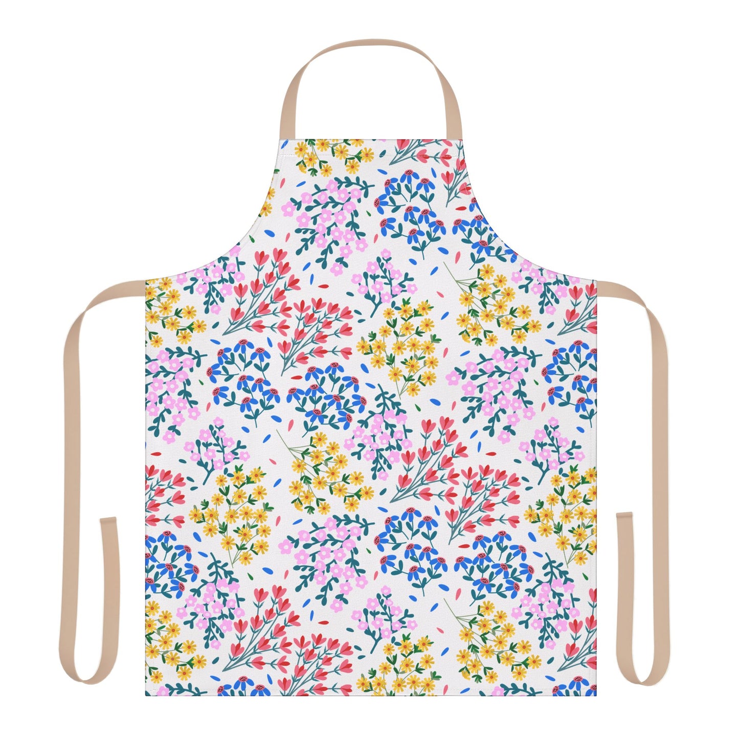 Floral Apron by FireBrook Designs, featuring a vibrant scattered floral pattern on a white background. This full-coverage, stain-free apron includes beige ties, offering comfort and style for cooking or crafting.