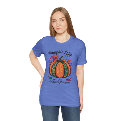 Pumpkin Spice and Everything Nice Fall Thanksgiving Bella+Canvas Unisex T-Shirt exudes cozy autumn vibes, ideal for fall festivities. Crafted from soft cotton, it features vibrant designs with a comfortable retail fit.