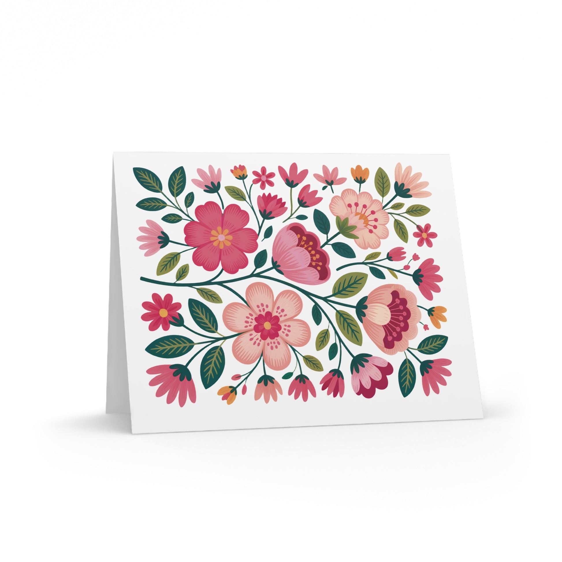 Flower Greeting Cards — Pack of 8/16/24 featuring a vivid floral design with pink, coral, and red blossoms on a white card, embodying FireBrook Designs' cheerful and uplifting essence. Includes a matching envelope.