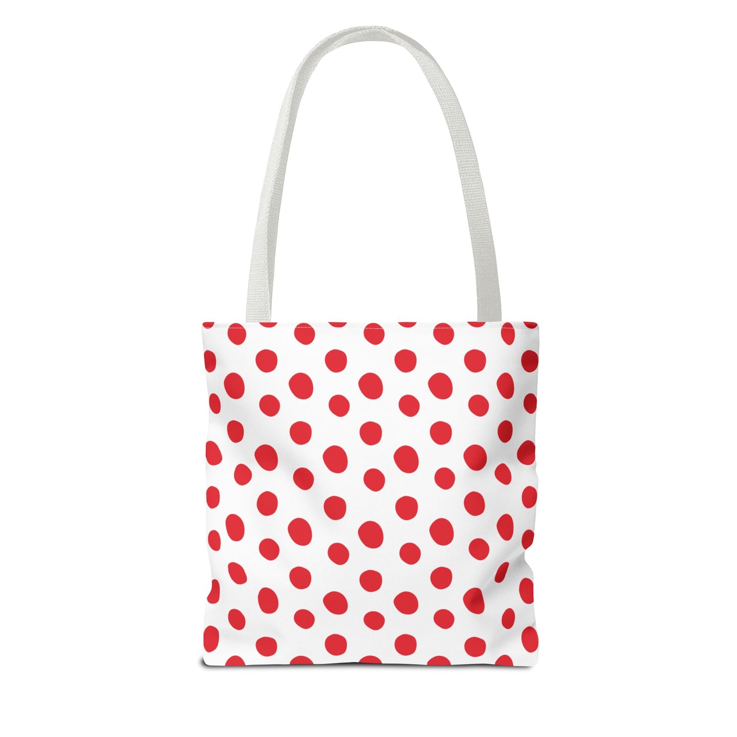 Red Polka Dots Tote Bag: A playful, durable tote featuring a classic red polka dot design, perfect for errands or beach days. Seamless finish and reinforced handles offer style and practicality.