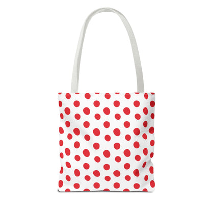 Red Polka Dots Tote Bag: A playful, durable tote featuring a classic red polka dot design, perfect for errands or beach days. Seamless finish and reinforced handles offer style and practicality.