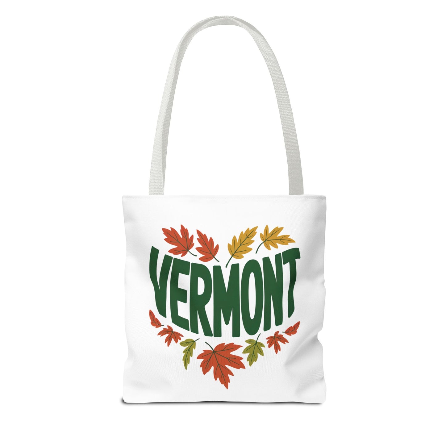 Vermont Tote Bag: A white tote bag with a logo, showcasing durable polyester fabric, reinforced stitching, and boxed corners for extra space, ideal for daily essentials.
