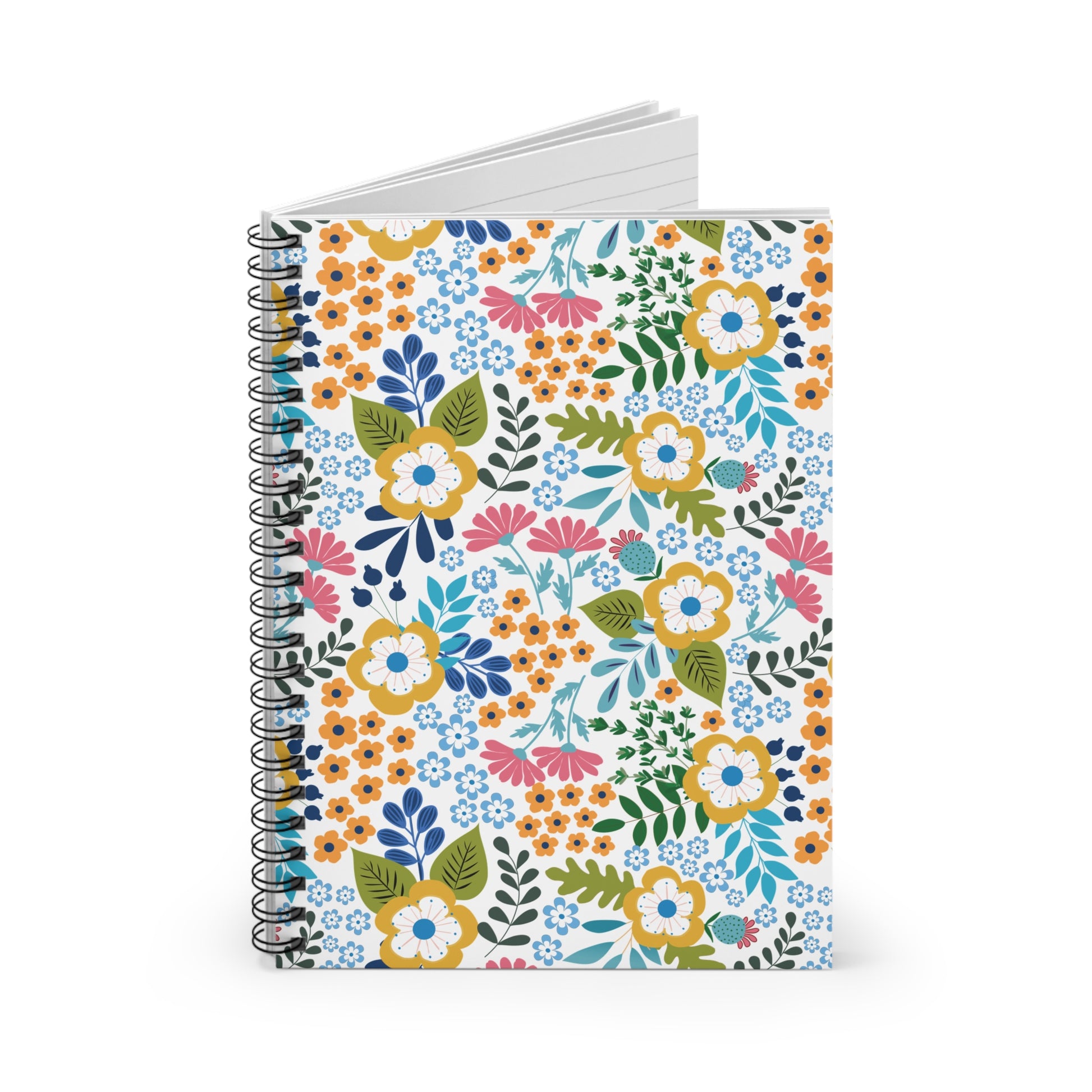 Floral Spiral Notebook featuring a vibrant floral cover with stylized flowers and green leaves, showcasing its sleek metal spiral binding and plain white pages, perfect for inspiring creativity and organization.