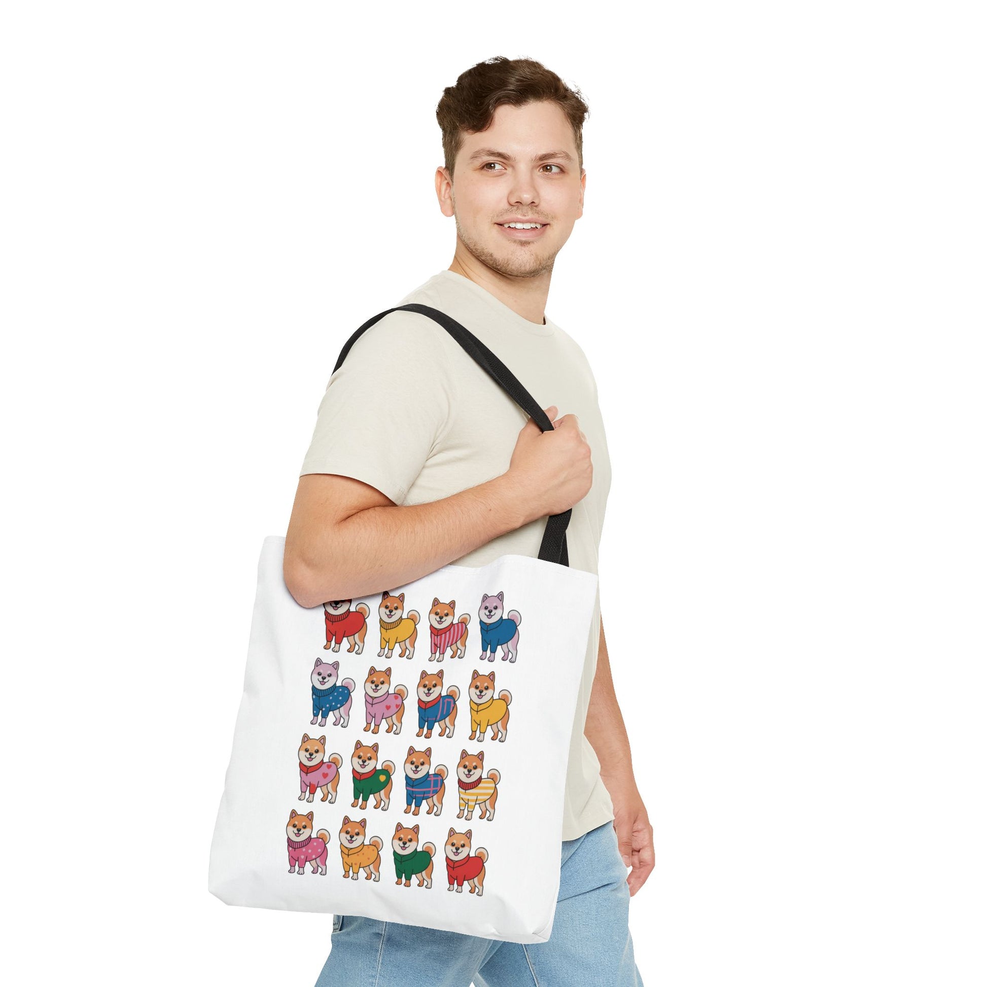 Shiba Inu Grid Tote Bag with Colorful Outfits showcases charming Shiba Inus in unique attire on a durable, polyester bag, perfect for dog lovers seeking a playful accessory for daily errands.