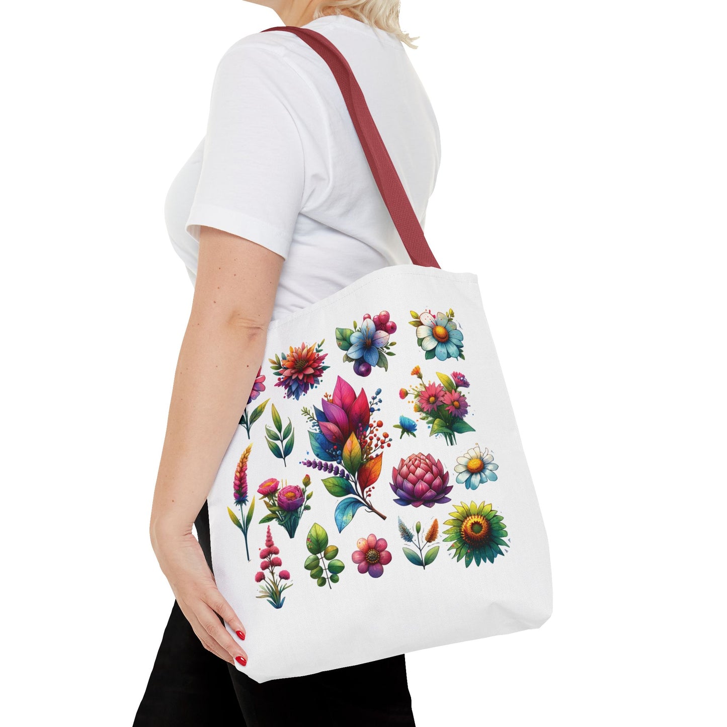 Floral Tote Bag featuring vibrant flower design, ideal for everyday use; durable polyester with reinforced stitching. Perfect for adding a touch of nature to your style.