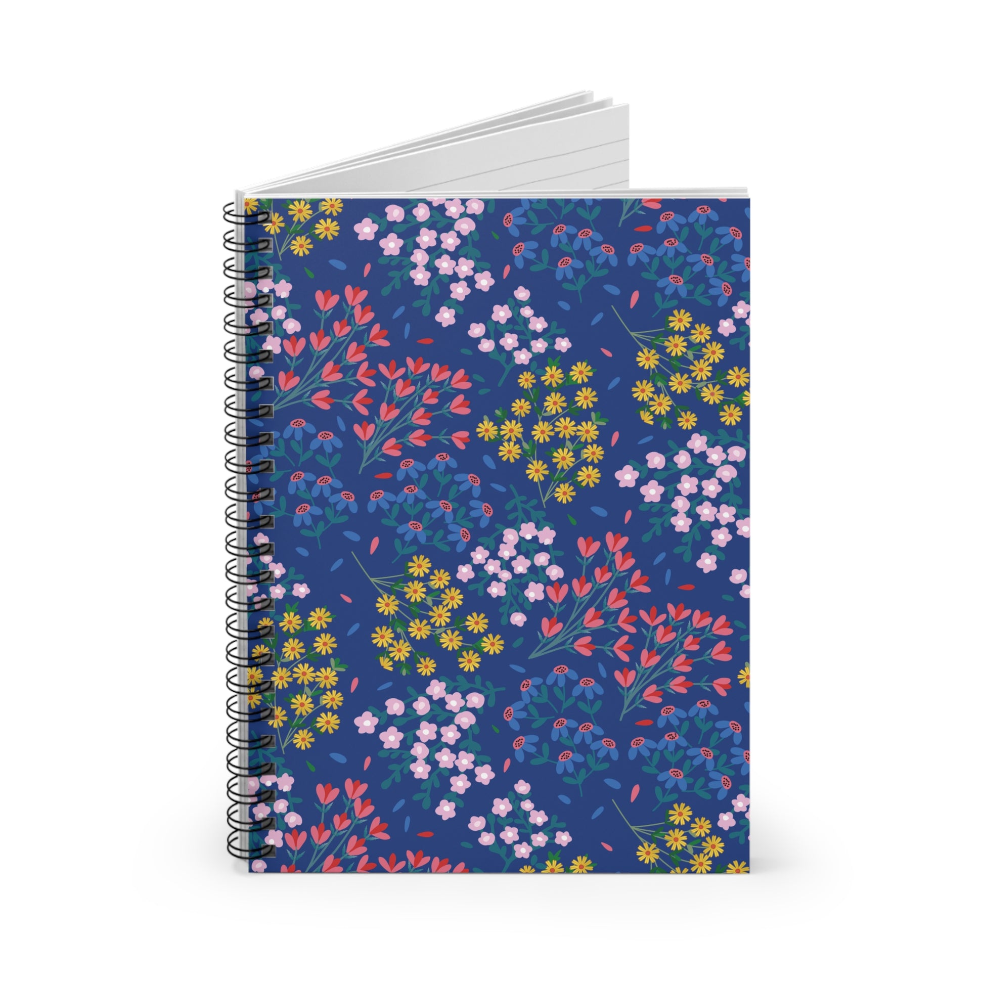 Floral Spiral Notebook with a deep blue cover adorned with vibrant floral clusters, featuring a sleek metal spiral binding and lined pages, embodying FireBrook Designs' joyful and uplifting aesthetic.