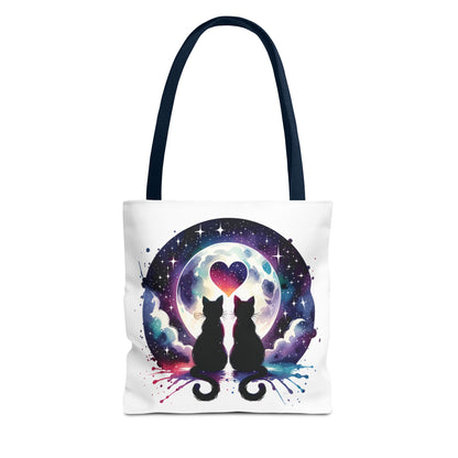 Copy of Cat Lovers Under the Moon Tote Bag showcasing a whimsical cat design, ideal for those who adore felines. Durable polyester with reinforced handles, perfect for daily use or gifting at cat-themed events.