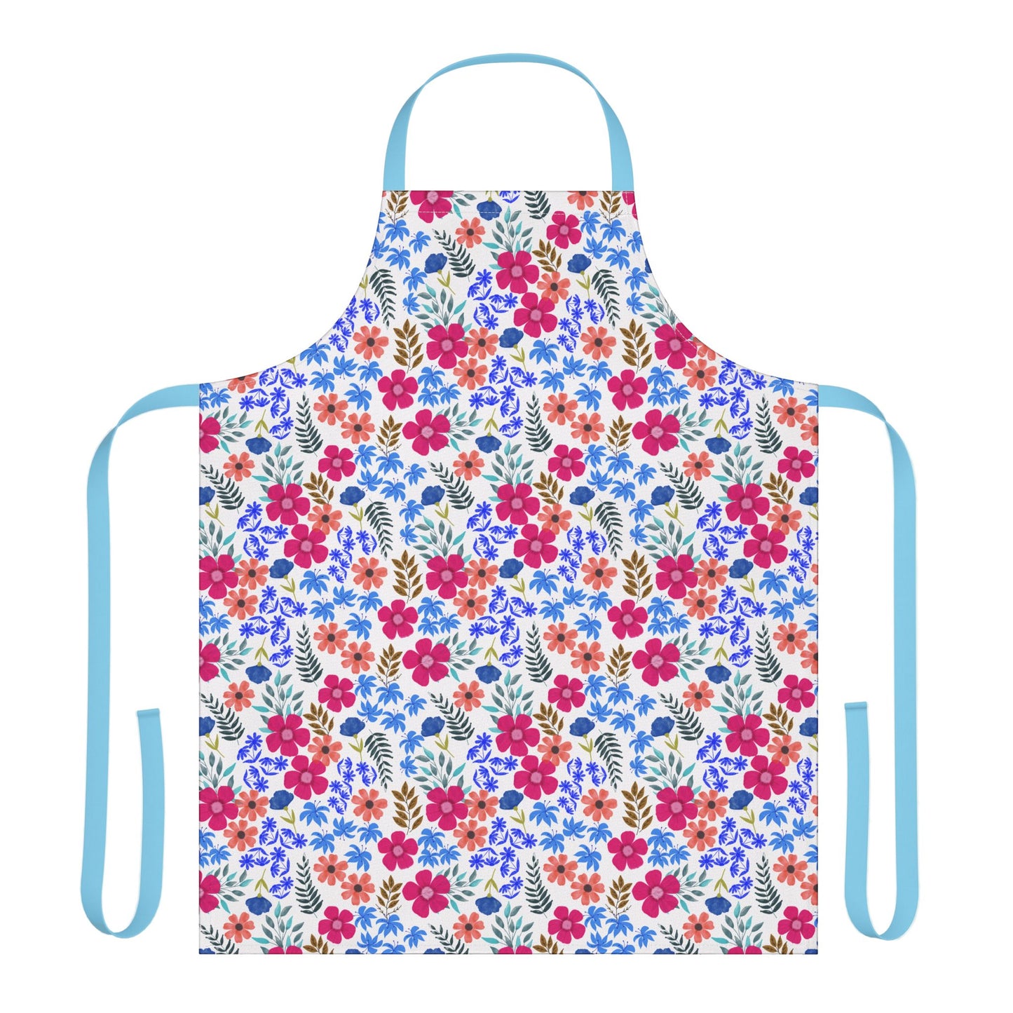 Apron Floral Design: A charming kitchen-style apron featuring a vibrant floral pattern with light blue straps, crafted from soft, stain-free polyester canvas for comfort and style. Perfect for baking and hosting.