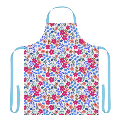 Apron Floral Design: A charming kitchen-style apron featuring a vibrant floral pattern with light blue straps, crafted from soft, stain-free polyester canvas for comfort and style. Perfect for baking and hosting.