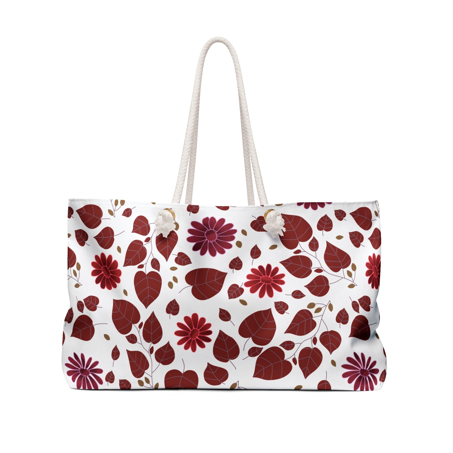 Weekender Bag with deep red and burgundy fall-themed leaves and flowers, featuring thick rope handles. Ideal for stylish travel, this spacious tote embodies FireBrook Designs' uplifting and joyful aesthetic.
