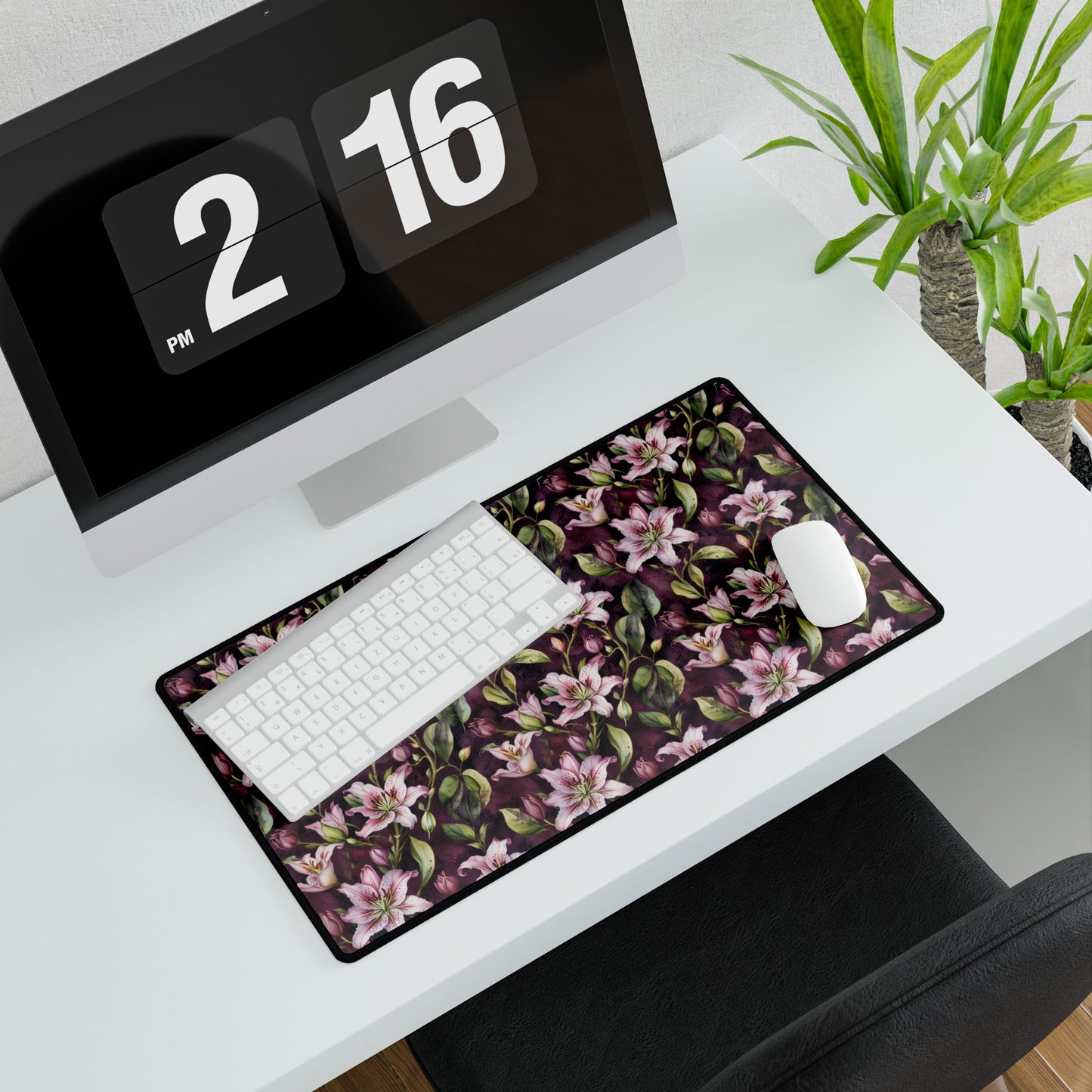 Lilies Floral Desk Mat - Elegant Workspace Accessory, featuring intricate floral patterns, shown with a keyboard and mouse on a desk. Ideal for home offices, adding style and functionality.