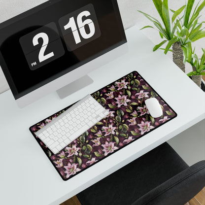 Lilies Floral Desk Mat - Elegant Workspace Accessory, featuring intricate floral patterns, shown with a keyboard and mouse on a desk. Ideal for home offices, adding style and functionality.