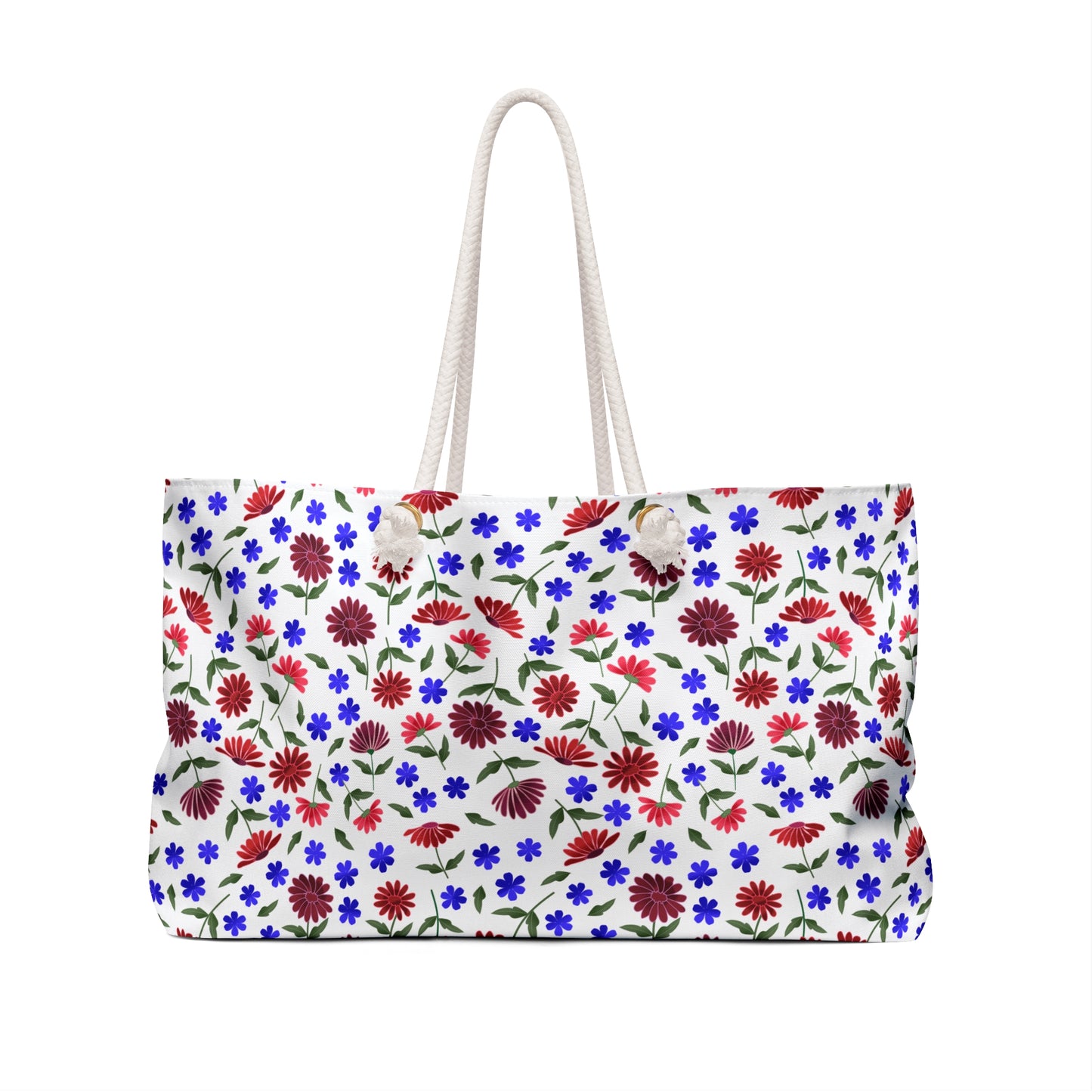 Floral Escape Weekender Bag — Red & Blue Wildflower Travel Tote features vibrant floral patterns on a white backdrop, knotted rope handles, and gold grommets, reflecting FireBrook Essentials' uplifting, stylish design ethos.