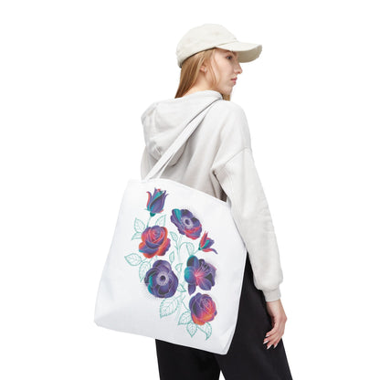 Vibrant Rose, Anemone, Lily Silhouettes Neon Floral Tote Bag with bold neon floral patterns against dark gray, ideal for adding style and color to casual outings, reflecting FireBrook Essentials' joyful design ethos.