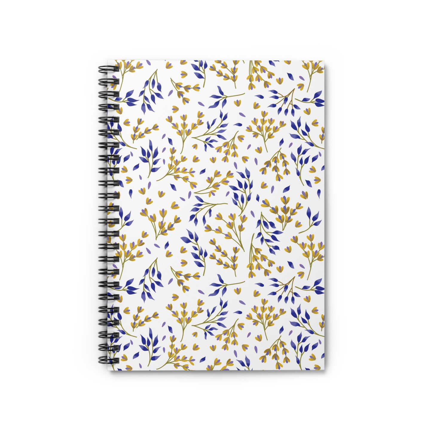 Floral Spiral Notebook with a sleek metal binding, featuring a vibrant pattern of yellow and blue leaves. Ideal for jotting down ideas, this compact 6x8 notebook embodies FireBrook Designs' uplifting creativity.