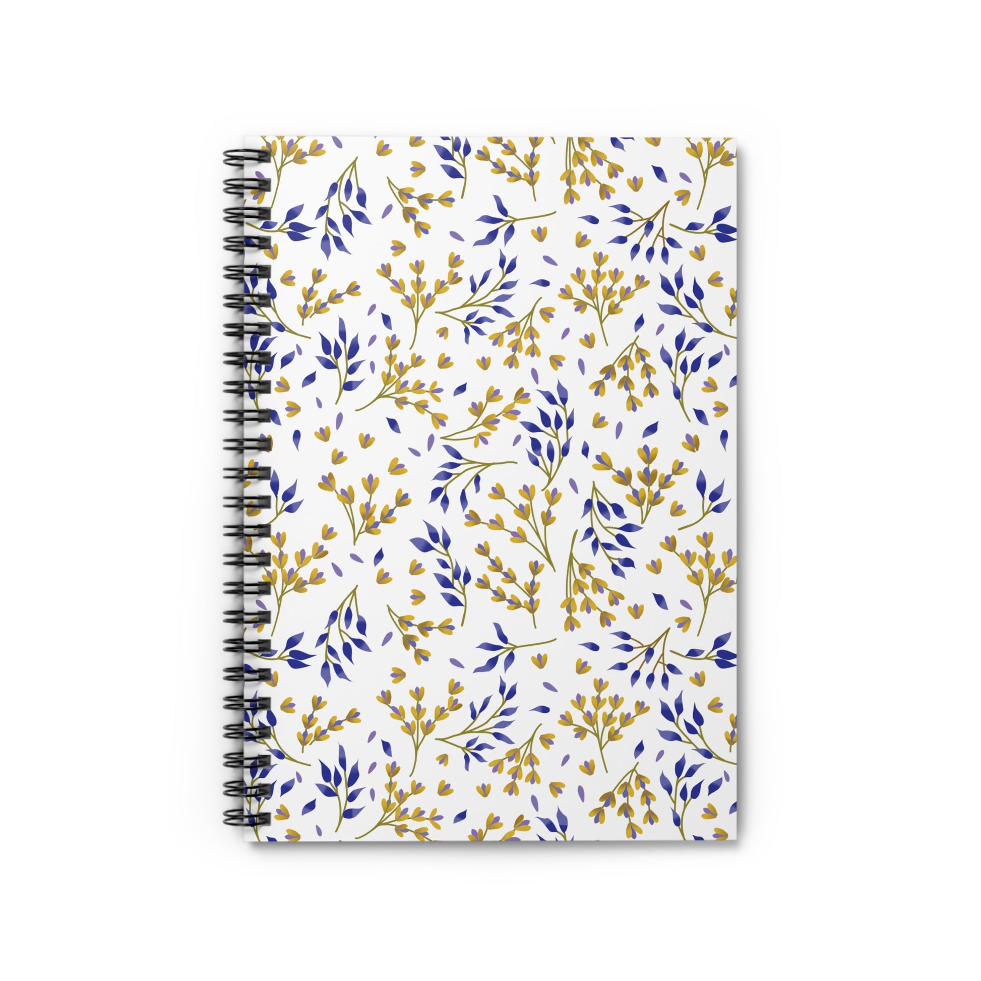 Floral Spiral Notebook with a sleek metal binding, featuring a vibrant pattern of yellow and blue leaves. Ideal for jotting down ideas, this compact 6x8 notebook embodies FireBrook Designs' uplifting creativity.