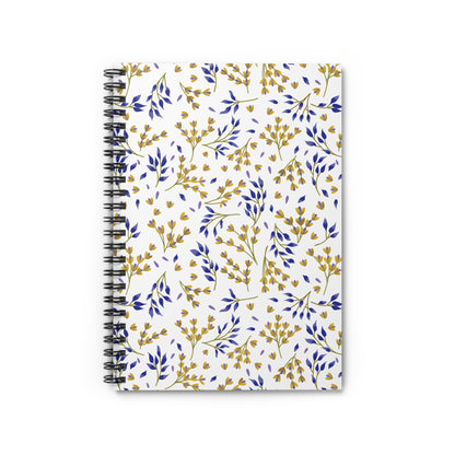 Floral Spiral Notebook with a sleek metal binding, featuring a vibrant pattern of yellow and blue leaves. Ideal for jotting down ideas, this compact 6x8 notebook embodies FireBrook Designs' uplifting creativity.