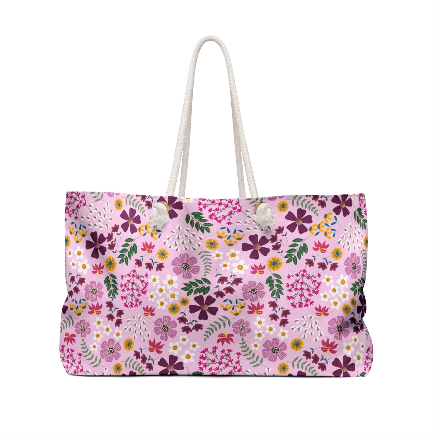 Weekender Bag with stylish thick white rope handles and a soft pink floral pattern featuring purple, yellow, and pink blossoms, ideal for stylish and joyful weekend getaways.