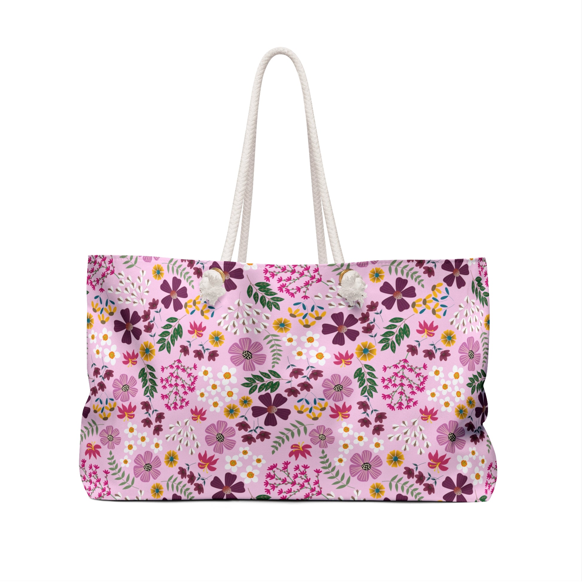 Weekender Bag with stylish thick white rope handles and a soft pink floral pattern featuring purple, yellow, and pink blossoms, ideal for stylish and joyful weekend getaways.