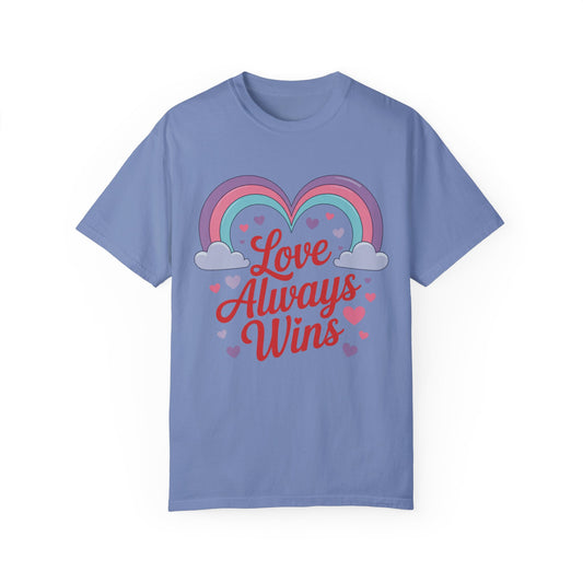 Love Always Wins Comfort Colors Unisex T-Shirt featuring a rainbow, heart, and clouds design, symbolizing positivity and inclusivity, perfect for casual wear or Pride events.
