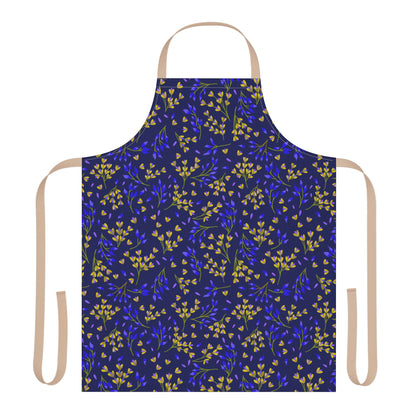 Floral Apron: A stylish, full-coverage apron in deep navy with a botanical pattern of yellow buds and blue-purple leaves, featuring light tan neck and waist straps for a comfortable fit.