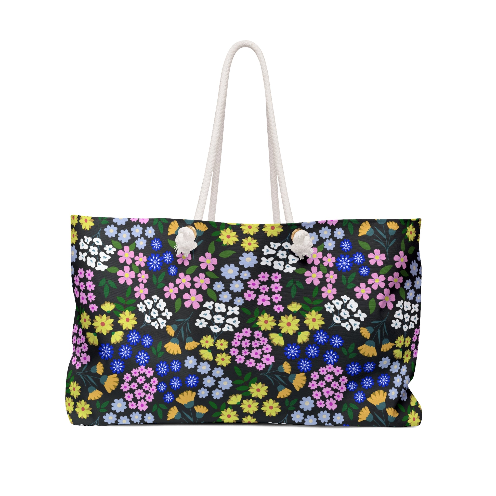 Weekender Bag with a vibrant floral pattern and white rope handles, designed for stylish travel. Perfect for weekend getaways, it features a spacious interior and durable, wrinkle-free polyester material.