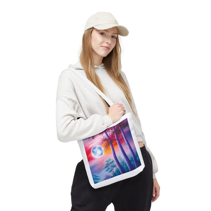 Moonlit Forest Tote Bag showcasing an abstract full moon and towering trees against a sunset sky, embodying mystical art. Ideal for everyday use, crafted from durable polyester with reinforced handles.