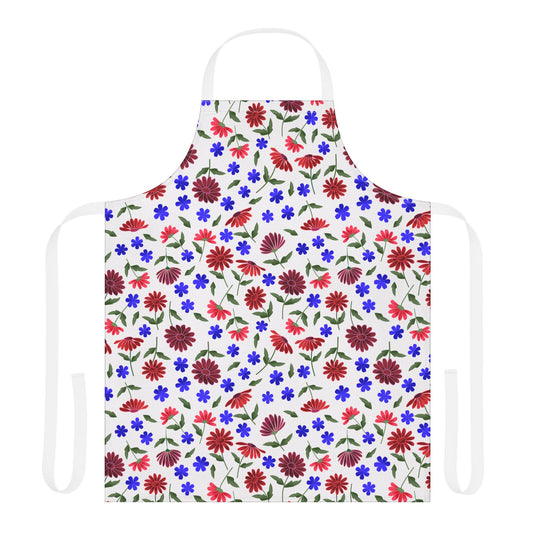 Floral Apron: A full-coverage white apron with vibrant red/maroon and blue floral patterns, featuring a neck loop and long waist ties, offering comfort and style for joyful cooking moments.