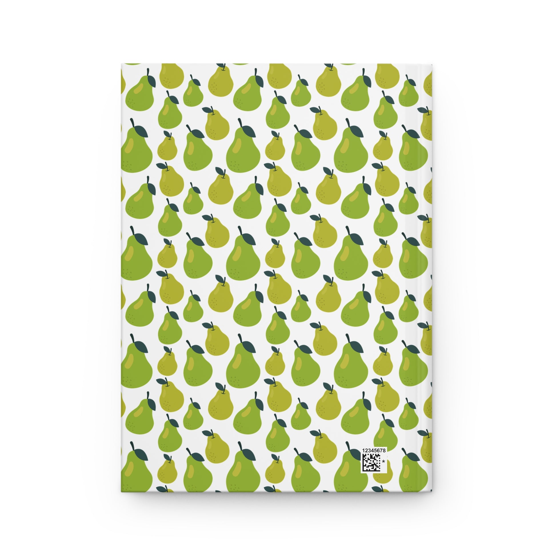 HARDCOVER JOURNAL, MATTE, RULED, 5X7, SEWN BIND, CLEAN-TEAR PAGES – PEAR features a durable cover with a vibrant green pear pattern. Includes a QR-code–style graphic and number for identification.