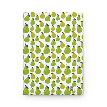 HARDCOVER JOURNAL, MATTE, RULED, 5X7, SEWN BIND, CLEAN-TEAR PAGES – PEAR features a durable cover with a vibrant green pear pattern. Includes a QR-code–style graphic and number for identification.