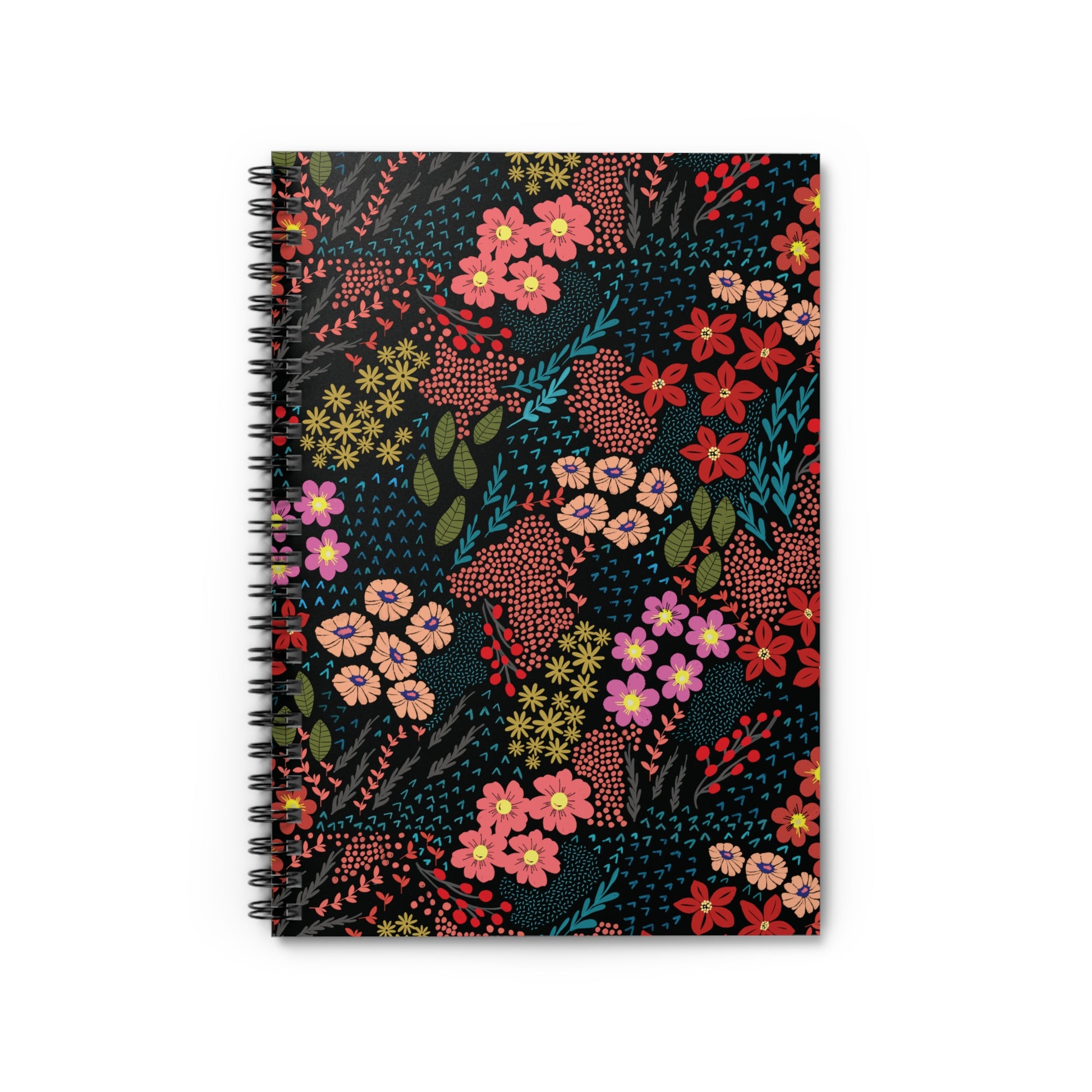 Floral Spiral Notebook with a black cover featuring vibrant, stylized red, pink, peach, and yellow flowers, and leafy accents. Ideal for creative journaling or note-taking, reflecting FireBrook Essentials' uplifting style.