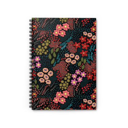 Floral Spiral Notebook with a black cover featuring vibrant, stylized red, pink, peach, and yellow flowers, and leafy accents. Ideal for creative journaling or note-taking, reflecting FireBrook Essentials' uplifting style.