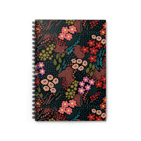 Floral Spiral Notebook with a black cover featuring vibrant, stylized red, pink, peach, and yellow flowers, and leafy accents. Ideal for creative journaling or note-taking, reflecting FireBrook Essentials' uplifting style.