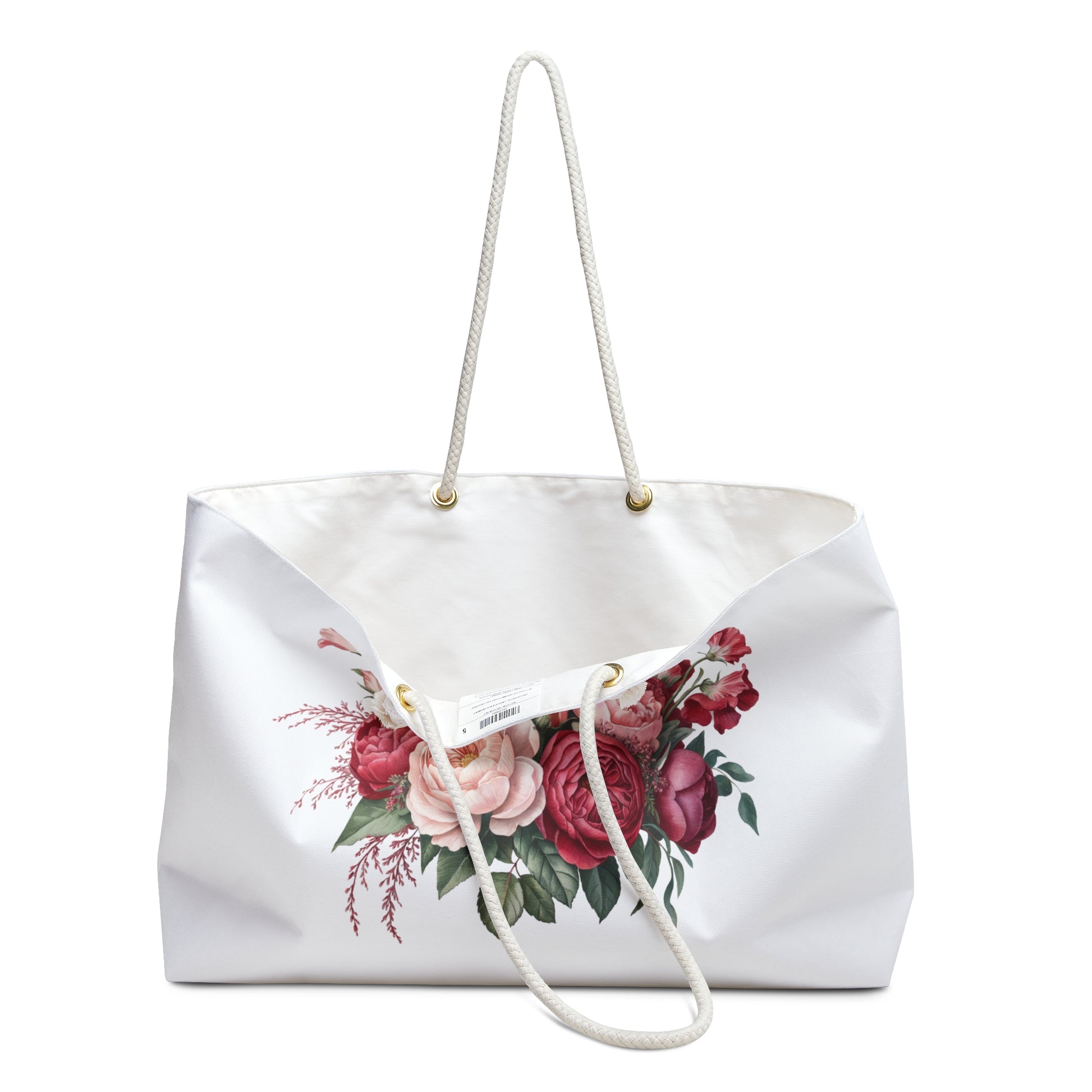 Weekender Bag - Red Bouquet Design: A stylish shoulder bag featuring vibrant red floral patterns, complemented by sturdy rope handles. Ideal for travel, offering ample space with its T-bottom design.