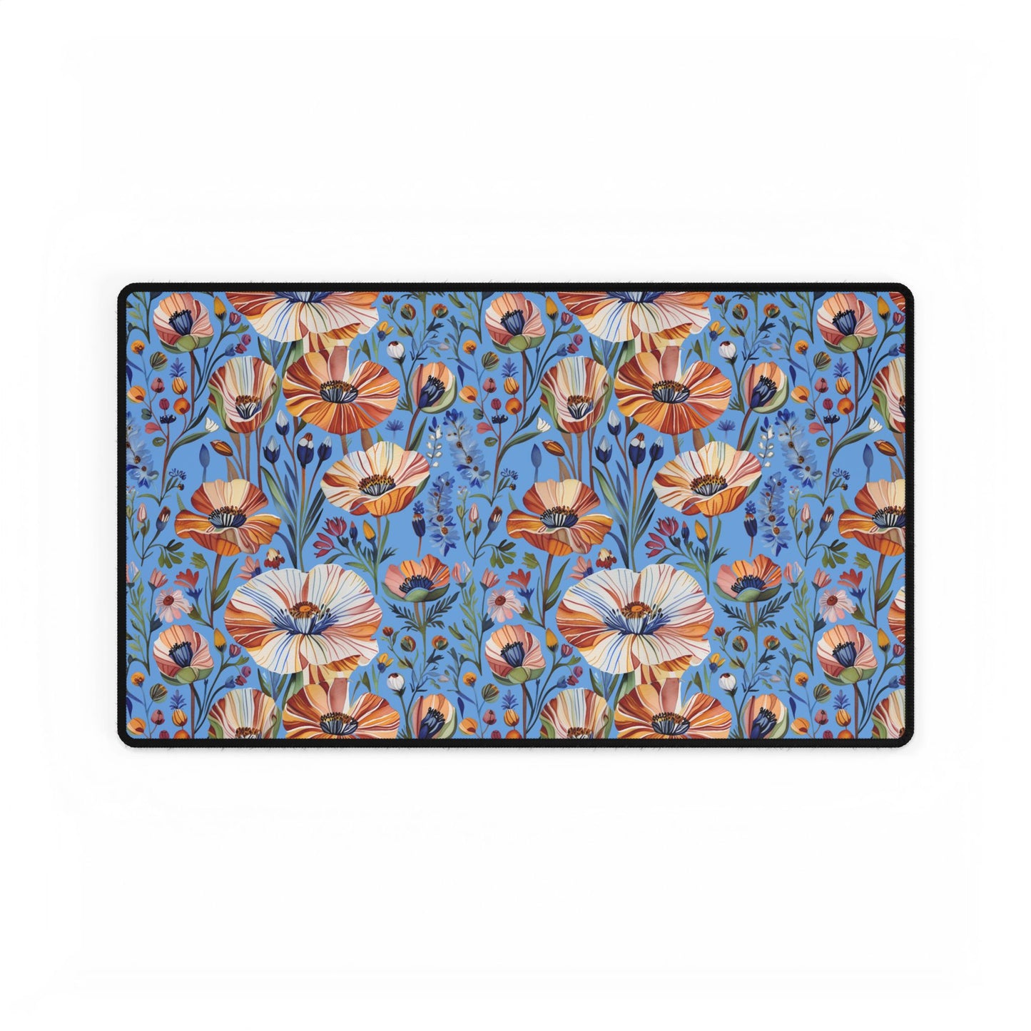Desk Mats - Spring Wildflowers Poppy Cornflower Iris Design features vibrant floral patterns with poppies and wildflowers, framed by black stitching, ideal for adding nature-inspired joy to any workspace.