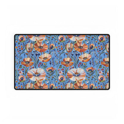 Desk Mats - Spring Wildflowers Poppy Cornflower Iris Design features vibrant floral patterns with poppies and wildflowers, framed by black stitching, ideal for adding nature-inspired joy to any workspace.