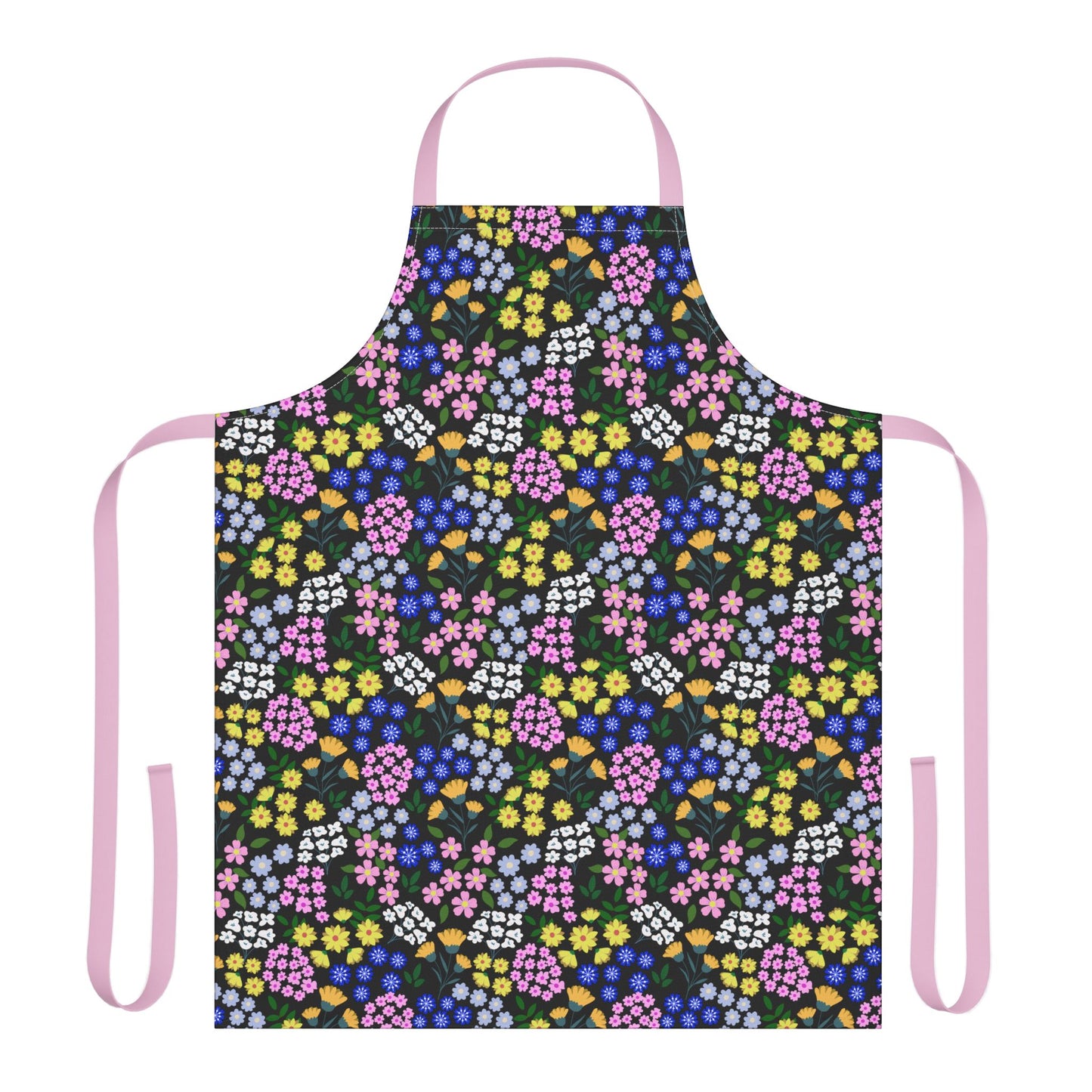 Apron Floral Design: Full-coverage kitchen apron with colorful floral pattern on black, pastel pink straps. Made of soft, stain-free polyester canvas, ideal for cooking or crafting, reflecting FireBrook Essentials' joyful style.