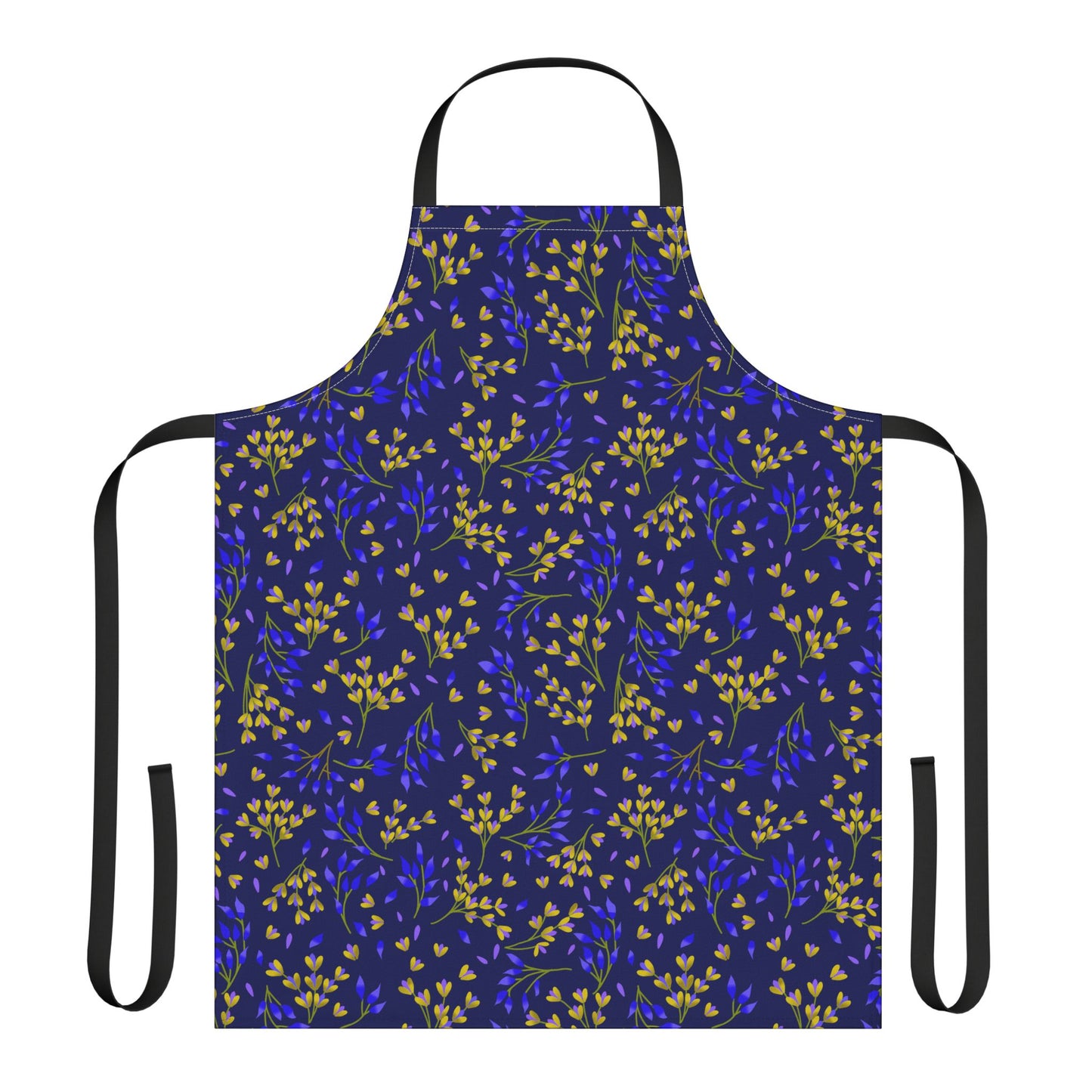 Floral Apron with a dark botanical pattern, featuring gold and blue-purple sprigs. Designed for comfort, it includes black straps and ties, ideal for various activities, reflecting FireBrook Designs' joyful essence.