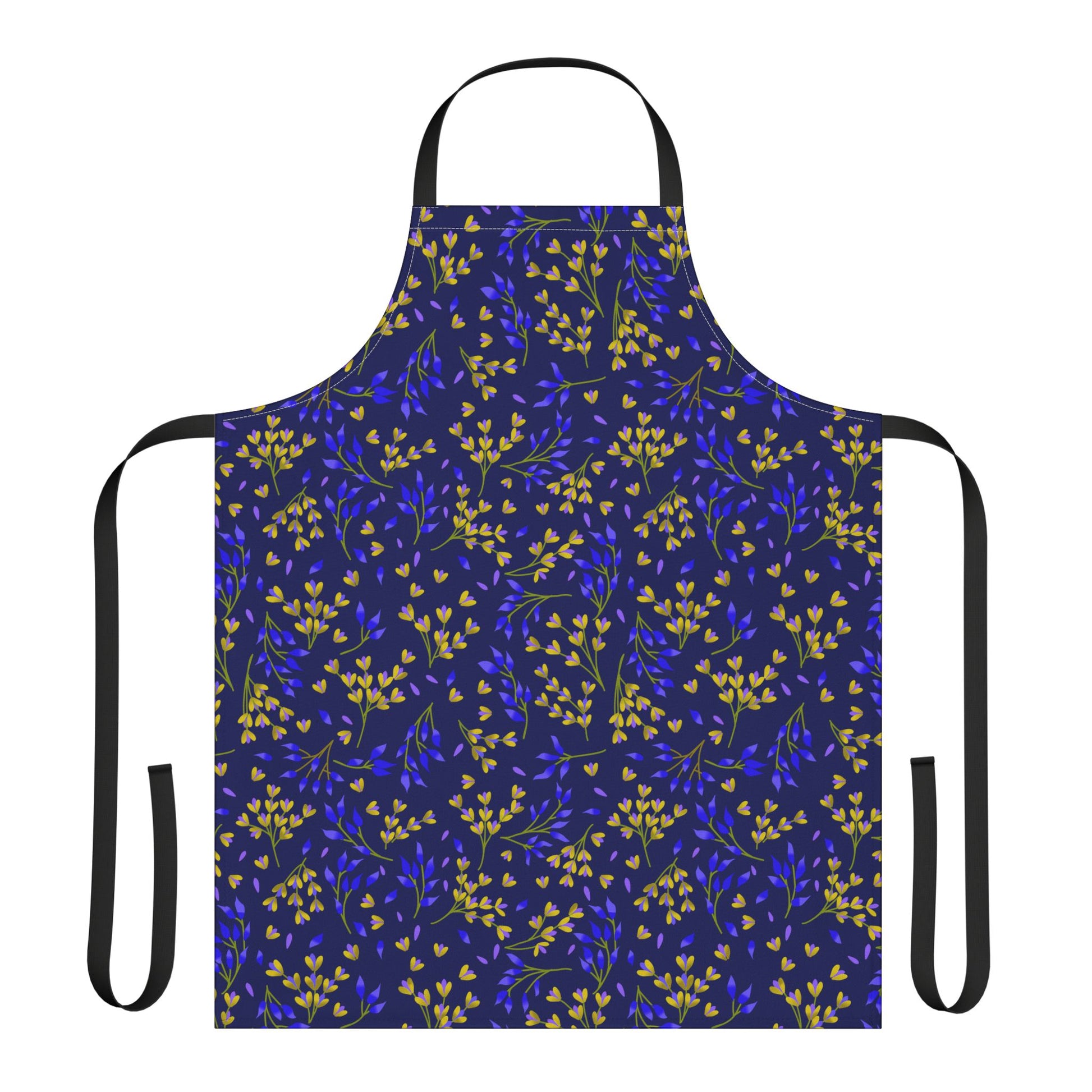 Floral Apron with a dark botanical pattern, featuring gold and blue-purple sprigs. Designed for comfort, it includes black straps and ties, ideal for various activities, reflecting FireBrook Designs' joyful essence.