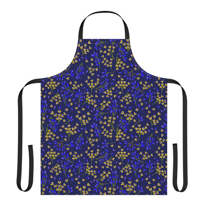 Floral Apron with a dark botanical pattern, featuring gold and blue-purple sprigs. Designed for comfort, it includes black straps and ties, ideal for various activities, reflecting FireBrook Designs' joyful essence.