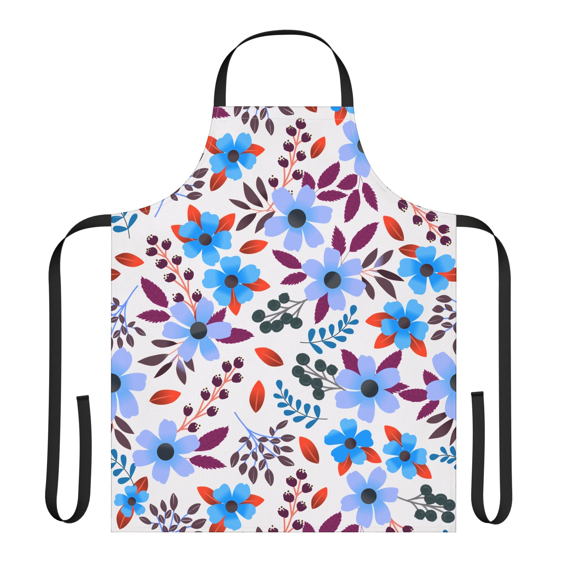 Floral Apron from FireBrook Designs: Full-coverage apron with vibrant floral print, featuring black straps. Made of soft polyester canvas, it offers comfort and a stain-free experience, perfect for cooking or crafting.