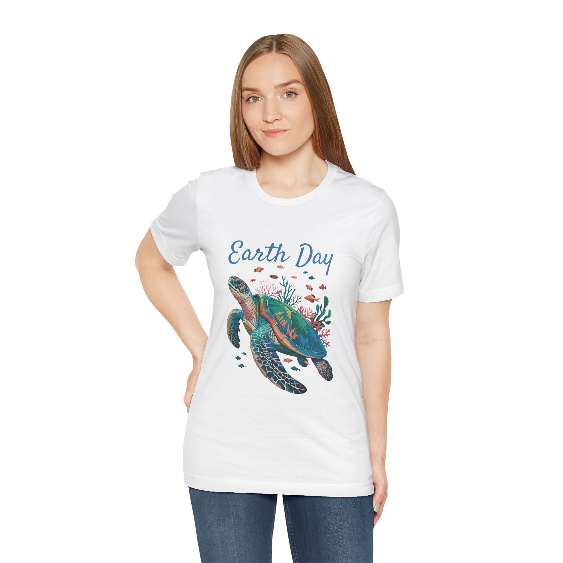 Earth Day Turtle Bella+Canvas Unisex T-Shirt featuring a turtle illustration, worn by a woman in casual style, ideal for eco-friendly, comfortable fashion.