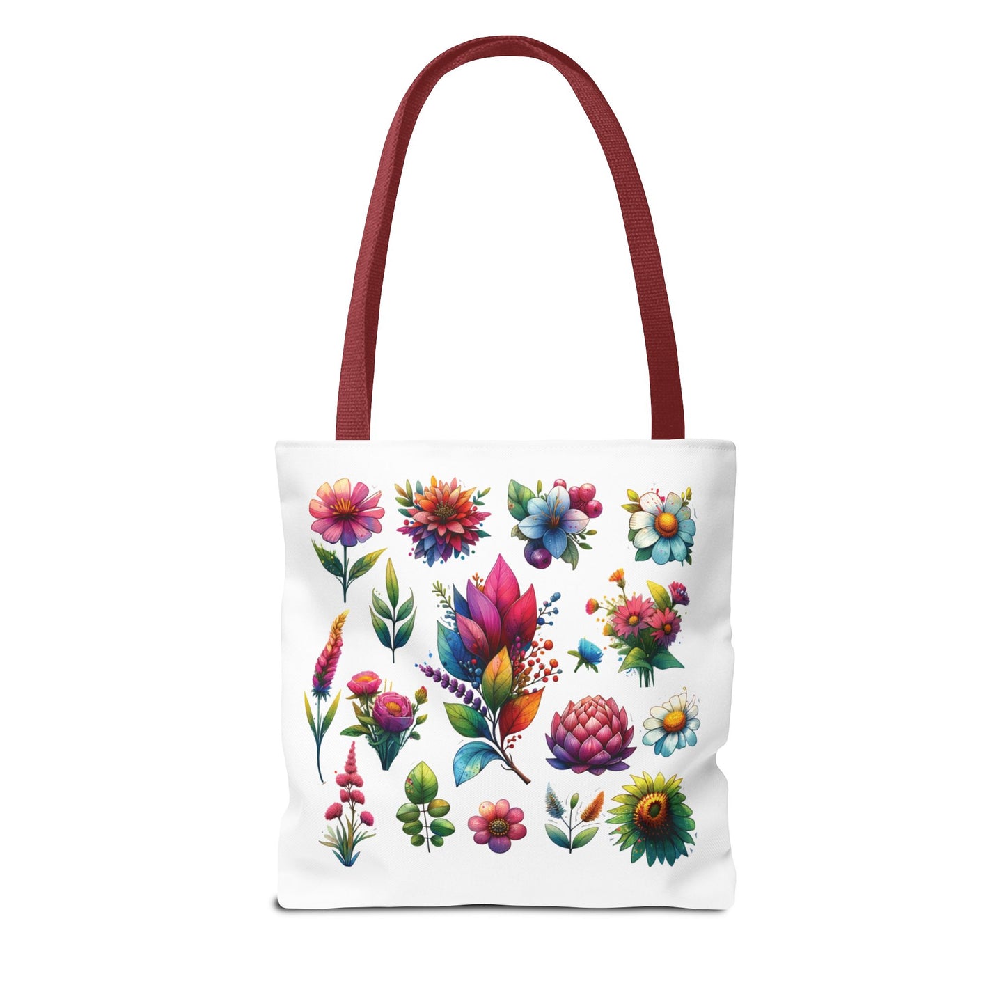 Floral Tote Bag with colorful flower design and red strap, perfect for everyday use. Made of durable polyester, ideal for shopping or beach trips.