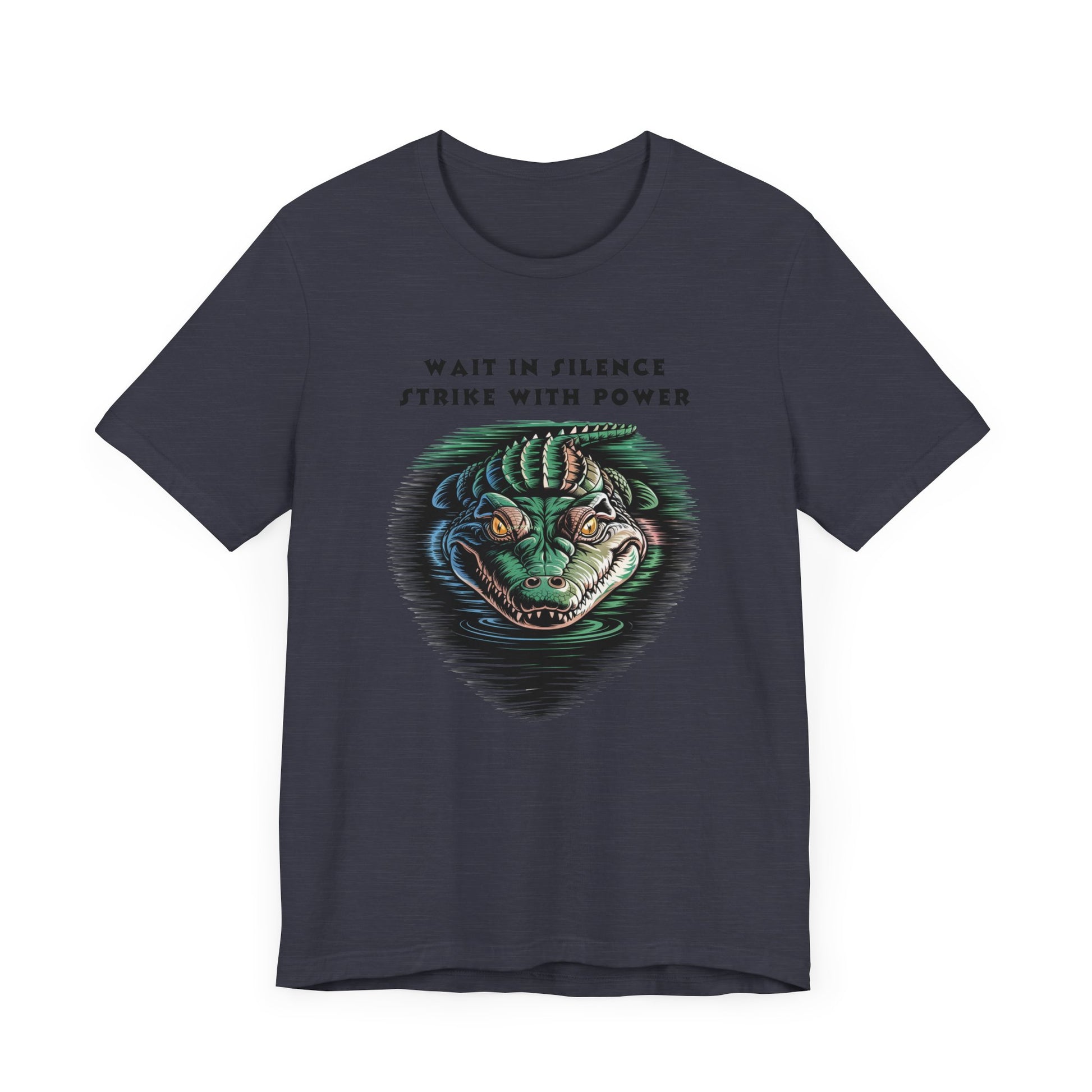 Crocodile: Walk in Silence, Strike with Purpose Bella+Canvas Unisex T-Shirt featuring a bold cartoon crocodile design, reflecting quiet strength and determination, on a sleek, casual fit.