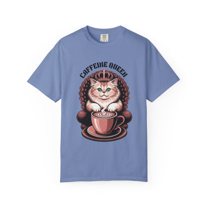 Cat Caffeine Queen T-shirt featuring a crowned cat holding a coffee cup, perfect for cat and coffee lovers. Designed for comfort and style with durable stitching and soft cotton.