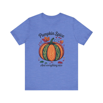 Pumpkin Spice and Everything Nice Fall Thanksgiving Bella+Canvas Unisex T-Shirt, showcasing a cozy autumnal design, perfect for fall celebrations. Ideal for lovers of pumpkin spice and sweater weather, embodying FireBrook Essentials' uplifting style.