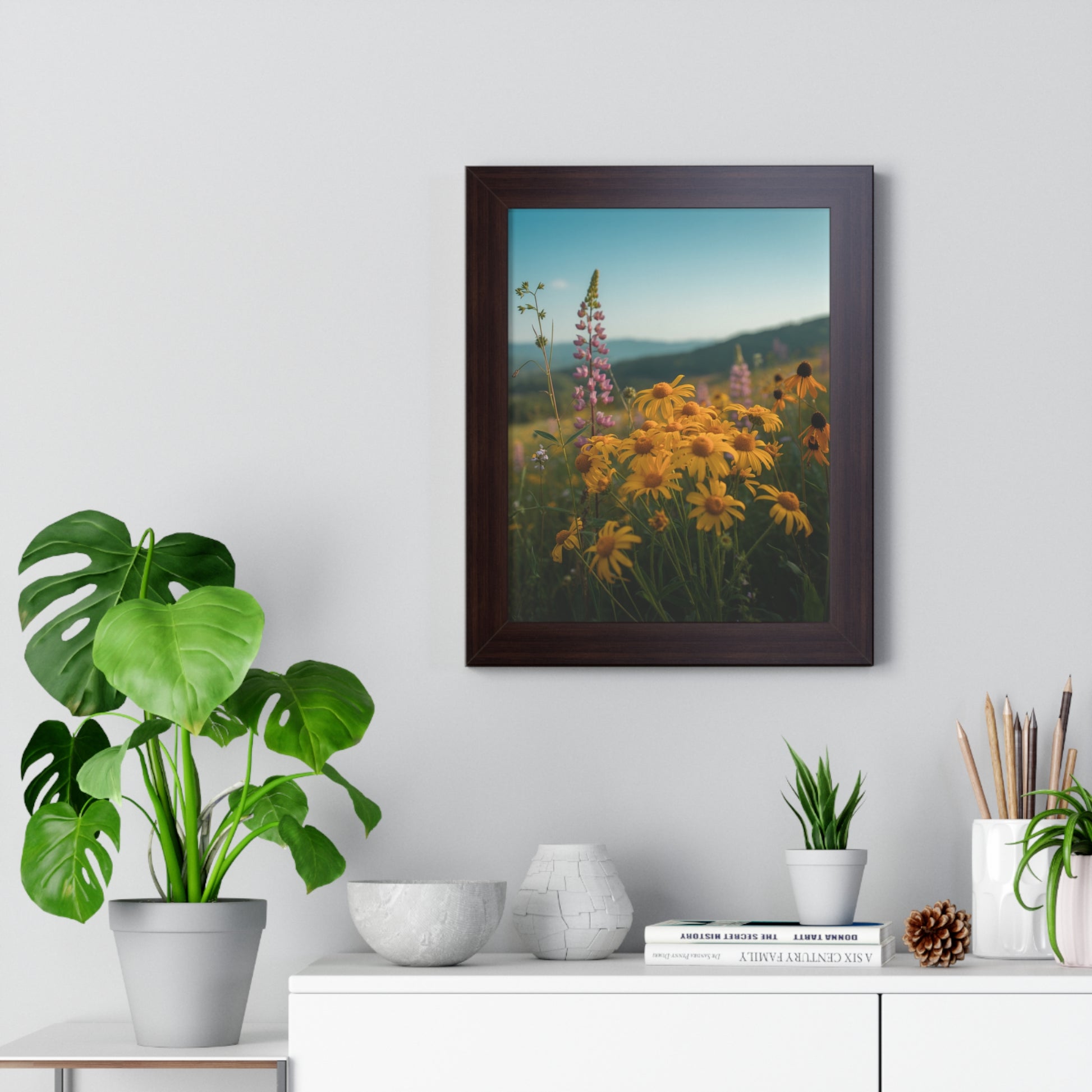 Vertical Poster - Mountain Flowers Design features a close-up of a potted plant, perfect for adding a serene, nature-inspired touch to your home decor from FireBrook Designs, infusing positivity and tranquility.