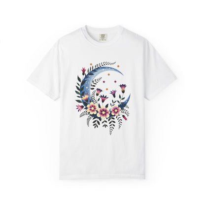 Crescent Moon Floral T-Shirt showcasing a bohemian design with intricate floral patterns, embodying a relaxed fit and crew neckline, perfect for nature lovers seeking stylish comfort from FireBrook Essentials.