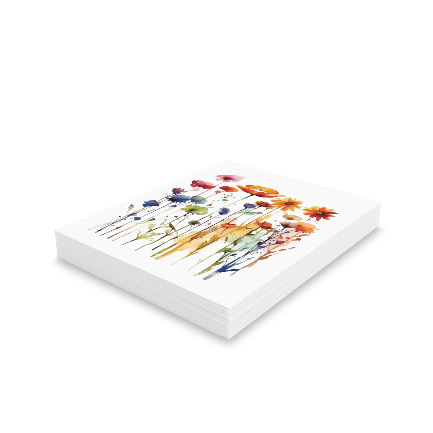 Wildflowers Greeting Cards — Pack of 8/16/24: A stack of square, white matte-finish cards featuring a vibrant watercolor wildflower design on top, ideal for thoughtful messages; includes matching envelopes.