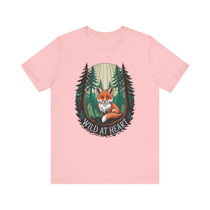 Wild at Heart Fox Illustration Bella+Canvas Unisex T-Shirt featuring a whimsical fox design amidst trees, perfect for nature lovers and casual wear, embodying FireBrook Essentials' ethos of comfort and style.